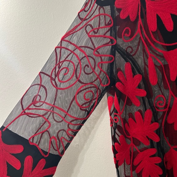 NEW Parsley & Sage Black w Ruby Red Floral Embroidered Sheer Blouse or Jacket - Picture 3 of 9